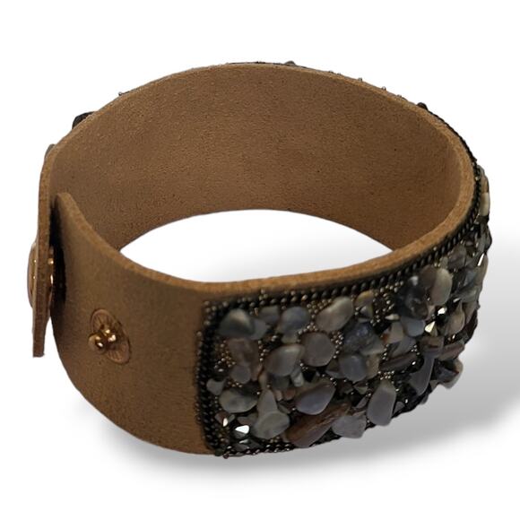 New Tan Suede Leather Tumbled Stone and Hematite Bracelet 7" - Picture 8 of 8